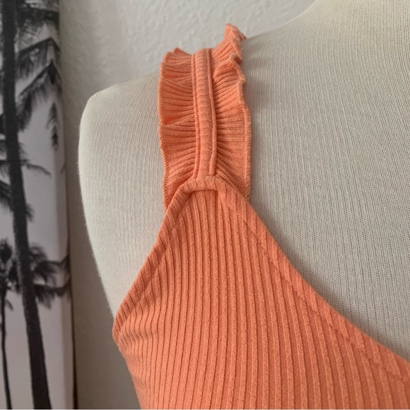 Pink MStyle Peachy orange ribbed tank top with ruffled shoulder straps. - Picture 2 of 12